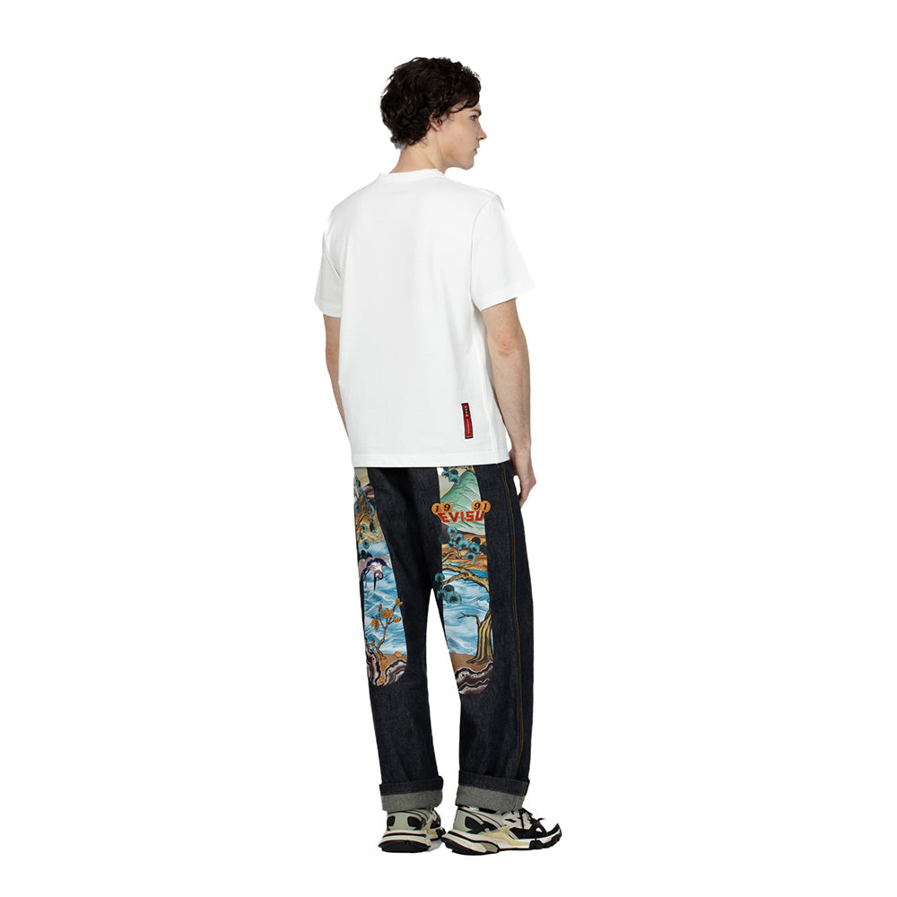 PINE-PATTERN DAICOCK PRINT WITH CRANE AND LOGO EMBROIDERY WIDE LEG JEANS