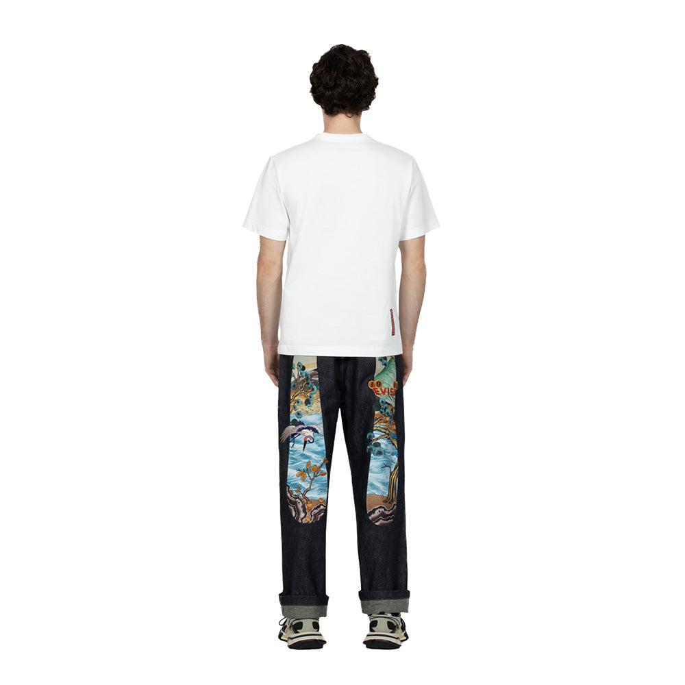 PINE-PATTERN DAICOCK PRINT WITH CRANE AND LOGO EMBROIDERY WIDE LEG JEANS