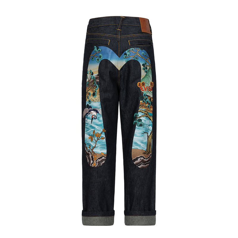 PINE-PATTERN DAICOCK PRINT WITH CRANE AND LOGO EMBROIDERY WIDE LEG JEANS