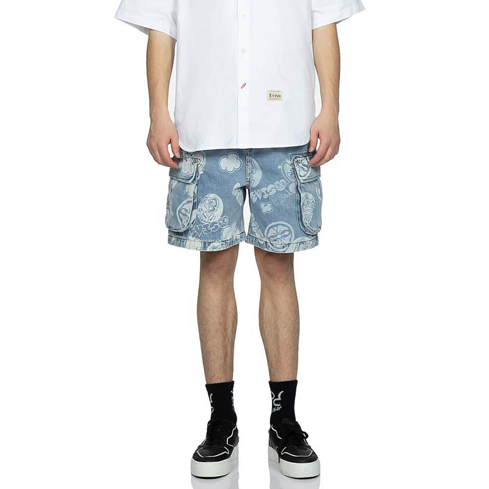 GRAFFITI DARUMA AND KAMON DISCHARGED PRINT DENIM CARGO SHORTS