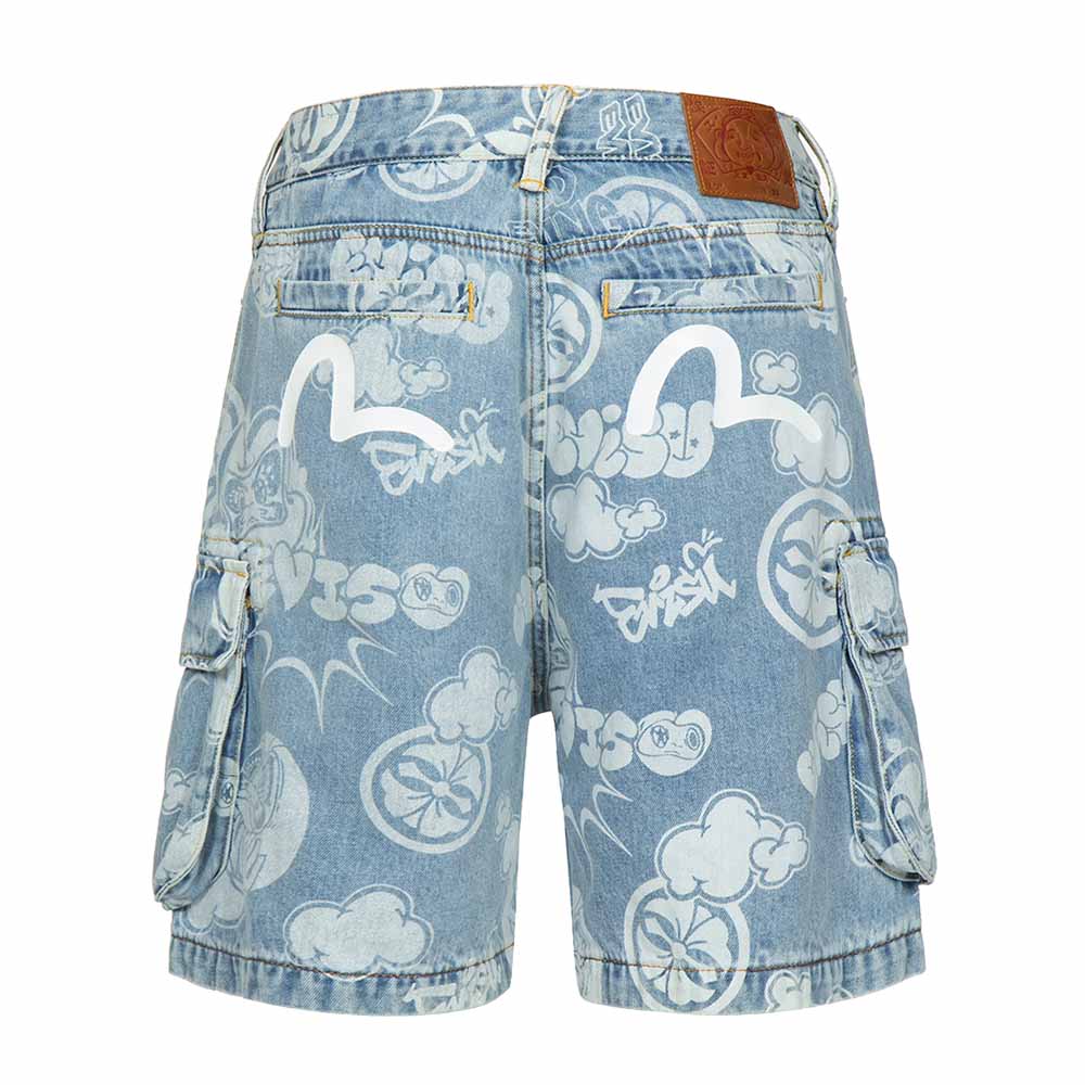 GRAFFITI DARUMA AND KAMON DISCHARGED PRINT DENIM CARGO SHORTS