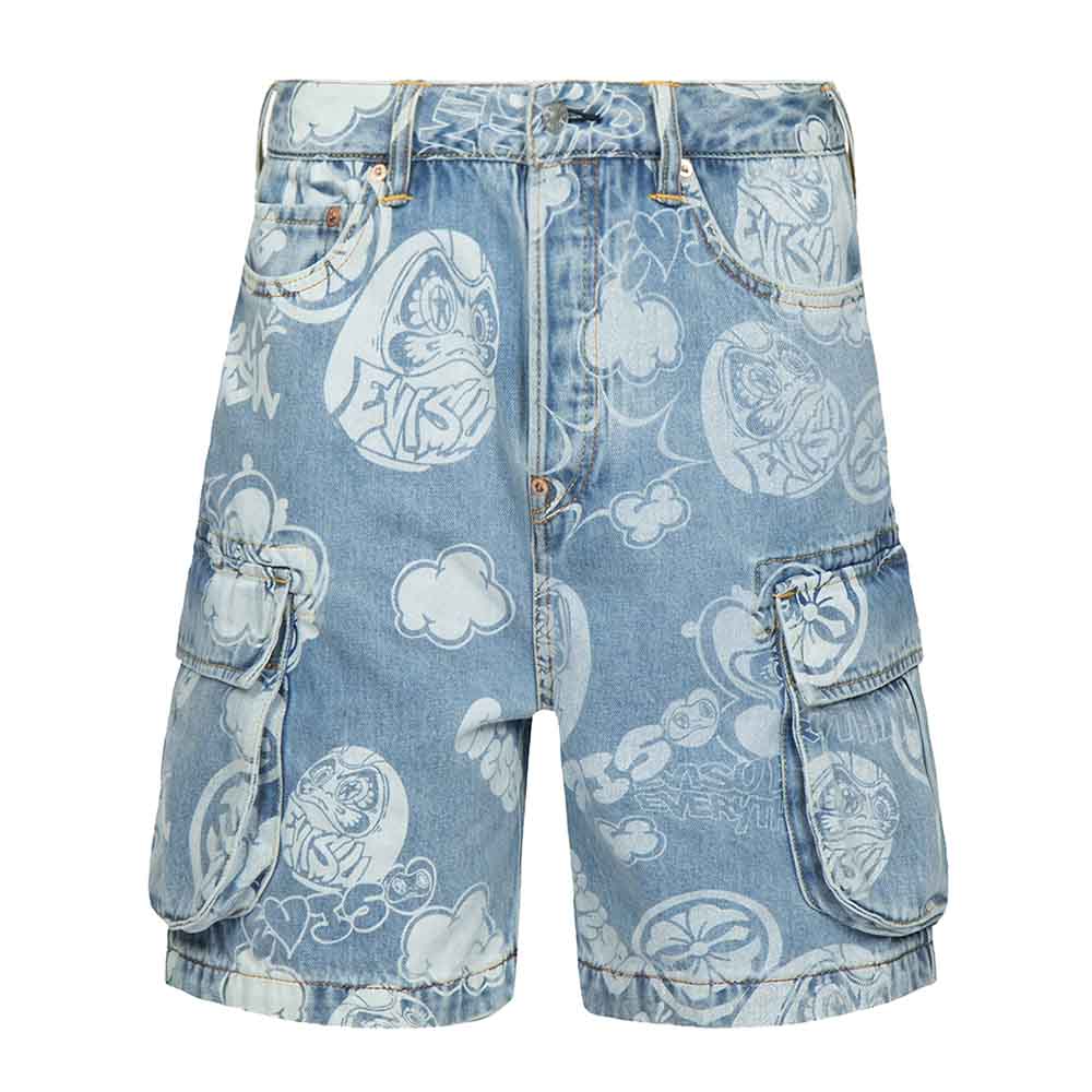 GRAFFITI DARUMA AND KAMON DISCHARGED PRINT DENIM CARGO SHORTS